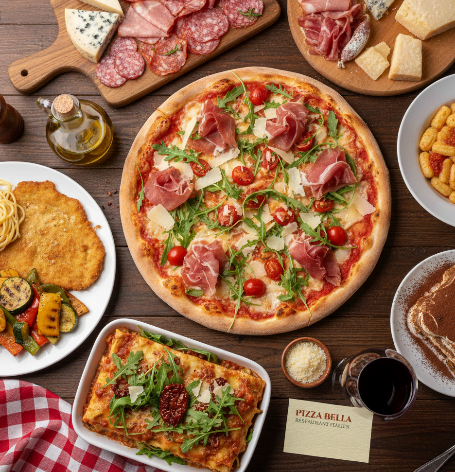 Une table pleine de plats italiens, incluant une pizza garnie de jambon cru, roquette et tomates, des pâtes, des légumes grillés, des lasagnes, et un dessert au chocolat, tiramisu, avec une bouteille d'huile d'olive et un verre de vin.